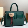 Deep green woven texture handbag set with shoulder strap and plush bear accessory - Single Piece / Green