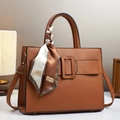 Elegant brown PU leather handbag for women with silk scarf handle and crossbody strap - Earthy Yellow