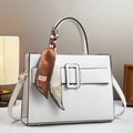 White faux leather tote bag with printed silk scarf and adjustable shoulder strap - White