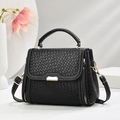 Minimalist black woven leather crossbody bag with top handle and gold zipper hardware - Black