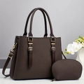 Dark brown woven tote bag set for women with matching coin purse and golden hardware - Coffee