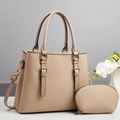 Minimalist beige woven leather tote bag set with detachable strap and small inner pouch - Khaki