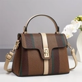 Retro striped woven handbag for women with beige leather strap and gold metal clasp - L24 W11 H17 / Khaki