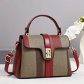 Fashion color block canvas handbag with red leather trim and golden metal lock clasp - L24 W11 H17 / Red