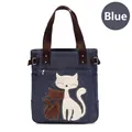 Blue canvas cat tote bag with silver studs and plush texture feline applique - Dark Blue