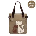 Khaki canvas tote bag featuring 3D plush cat embroidery and sparkling rhinestone accents - Khaki