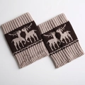 Detailed view of beige and brown knitted leg warmers featuring festive reindeer patterns - Beige/Dark Coffee