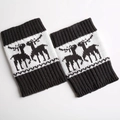 Detailed view of knitted leg warmers featuring reindeer jacquard and ribbed cuffs - Dark Grey/White