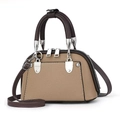 Detail of light brown lychee grain leather mini doctor bag with silver hardware accents - Dark Khaki