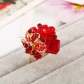 Vintage gold open ring with red resin rose, rectangular ruby crystal, and rhinestones - Red