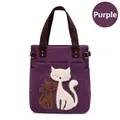 Purple canvas tote bag featuring cute 3D cat embroidery and brown top handles - Purple