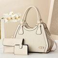 Three-piece beige tote bag set with woven leather texture and elegant metallic logo charm - Off White