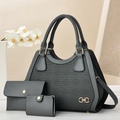 Three-piece dark grey woven embossed tote bag set with metal double ring logo and pouches - Gray