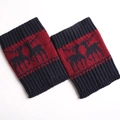 Detail of navy blue and red knitted leg warmers with Nordic style elk pattern texture - Navy Blue/Wine Red