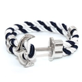 Close-up of anchor clasp detail on blue and white nautical woven cord bracelet - Silver Anchor - Blue White Striped Rope