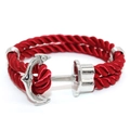 Detailed macro view of dark red nautical braided rope bracelet with silver anchor clasp - Silver Anchor - Red Rope
