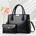Classic black crocodile pattern tote bag set with matching wallet and gold metal accents - Black
