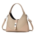 Classic light brown leather and woven crescent handbag with silver metal buckle closure - Khaki