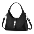 Women black leather stitching handbag with silver clasp and adjustable shoulder strap - Black