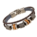 Pulsera multicapa de cuero hecha a mano con cuentas plateadas y cordón marrón trenzado - Marrón Oscuro