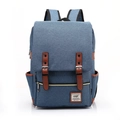 Blue canvas outdoor travel backpack with brown leather straps and vintage buckles - 14" / Blue