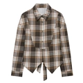 Plaid long sleeve shirt with brown and orange vintage pattern and front tie design - S / Plaid