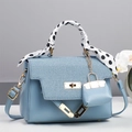 Light blue large capacity handbag with silk scarf handle and golden twist-lock closure - Blue