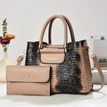 Beige crocodile texture handbag and clutch set with gold hardware and detachable strap - Khaki