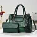 Borsa e portafoglio verde scuro con motivo a coccodrillo e dettagli dorati da donna - Verde