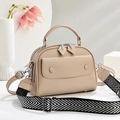 Beige faux leather square crossbody bag with stylish striped wide strap and top handle - Khaki