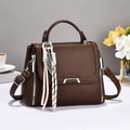 Litchi pattern dark brown PU leather tote bag with silver buckle and braided ornament - Coffee