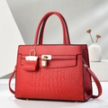 Elegant red leather handbag with crocodile texture and gold hardware for women - Wine Red