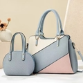 Three-tone color block tote bag set with woven texture and adjustable shoulder strap - Sky Blue