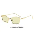 Pentagon gold metal frame sunglasses with light green lenses and textured temple detail - Gold Frame Green Lens