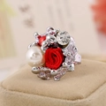 Adjustable silver ring with red fabric rose, white faux pearl, and sparkling rhinestones - Adjustable Open / Silver Base Red Fabric Rose Pearl Rhinestone / Red