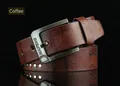 Close-up of vintage brown leather belt with matte metal buckle and textured strap - 110cm / Coffee