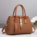 Brown woven leather tote bag with gold lock and adjustable shoulder strap for women - Khaki/Earth Yellow