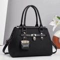 Elegant black minimalist tote bag with textured fabric and leather trim for women - Black
