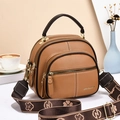 Minimalist brown lychee leather shoulder bag with multi-layer pockets and jacquard strap - Khaki/Earth Yellow