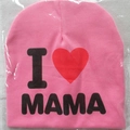 Pink knitted baby beanie featuring an I Love Mama print with a red heart design - I Love Mom / Rose Red