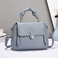 Grayish blue lychee leather handbag with pleated cloud handle and silver clasp - Blue