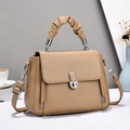 Elegant khaki lychee grain leather handbag with pleated handle and silver clasp for women - Dark Khaki