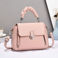 Pale pink lychee grain leather handbag with ruched handle and adjustable shoulder strap - Pink