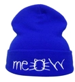 Macro detail of the white meow cat embroidery on a vibrant royal blue knitted beanie hat - Adjustable / Sapphire Blue