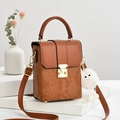 Brown small square bag with snake skin pattern embossing and golden metal lock - Khaki/Earth Yellow