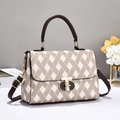 Chic beige and brown geometric woven square crossbody bag with gold hardware clasp - Khaki