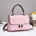 Pink and white checkered small square shoulder bag with gold metal lock and leather trim - Pink