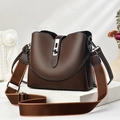 Dark brown leather bucket bag with wide woven strap and elegant silver metal turn-lock - Coffee