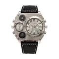 Oulm big dial dual time zone quartz watch with silver metal case and black leather strap - White