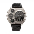 Oulm multi-timezone mens watch with silver polygon case and black leather strap - Black